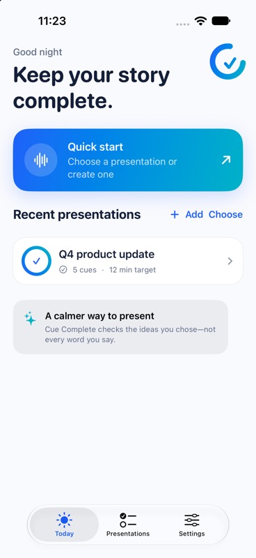 Cue Complete home screen showing a quick start card and recent presentation